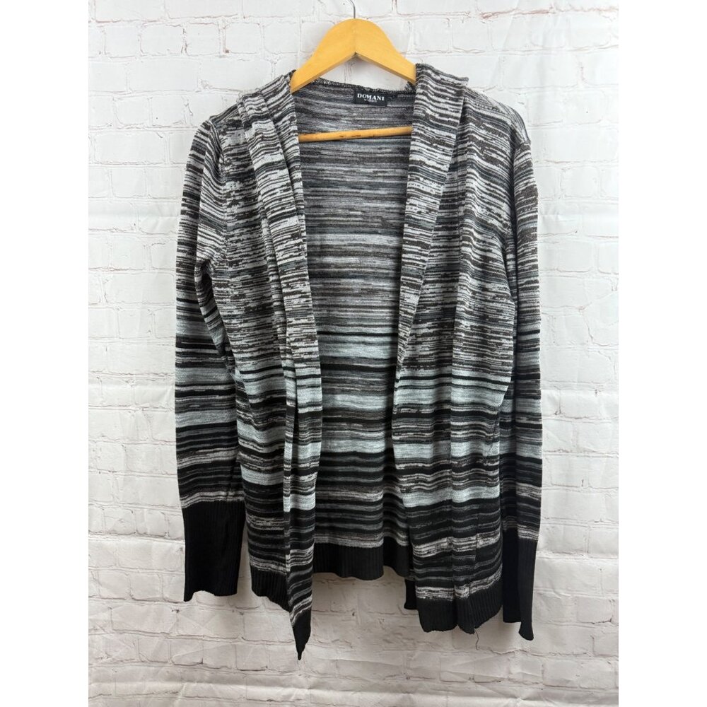 Domani Hooded Sweater Womens XL Black Gray Marled Striped Open Front